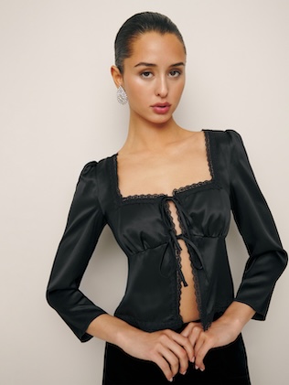 Reformation Lucinda Silk Tie-Front Top – Black-Pre-Owned